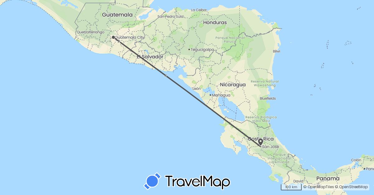 TravelMap itinerary: driving, motorbike in Costa Rica, Guatemala (North America)